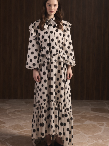 Polka Dot Skirt with Ruffle Dress - Beige