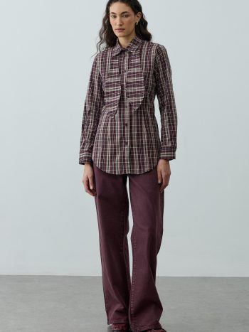 Burgundy Plaid Shirt with Detachable Scarf