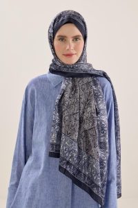 Soft Vual Silk Scarf Gray-Navy