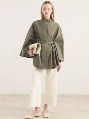 Stone-Embellished Denim Poncho - Khaki