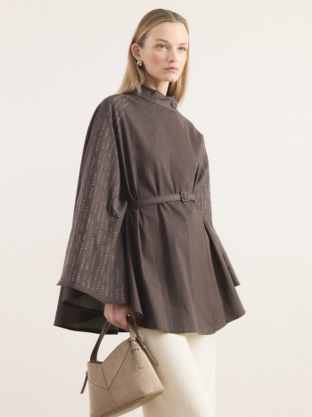 Stone-Embellished Denim Poncho - Coffee