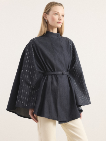Stone-Embellished Denim Poncho - Navy Blue