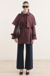 Collar Detail Short Trench Coat with Belted Sleeves - Burgundy