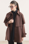 Short Trench Coat with Collar Detail and Sleeve Belt - Coffee