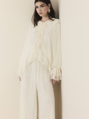 Ruffle Collar and Sleeve Chiffon Set - Ecru