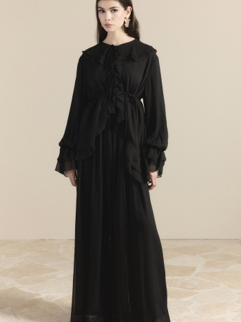 Chiffon Set with Ruffled Neckline and Sleeves - Black