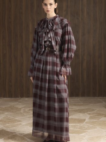 Ruffled Collar Plaid Chiffon Dress - Burgundy