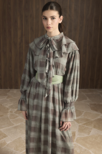 Yoke Ruffle Checkered Chiffon Dress - Çağla