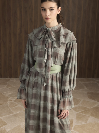 Yoke Ruffle Checkered Chiffon Dress - Çağla