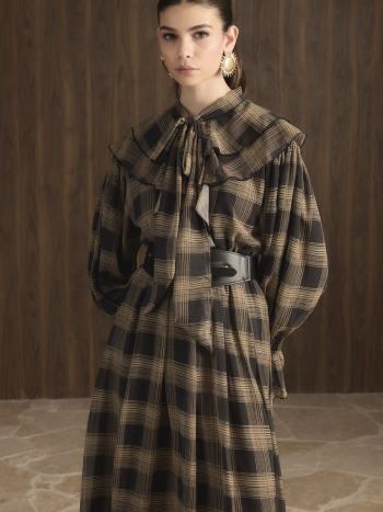 Ruffle Collar Plaid Chiffon Dress - Black