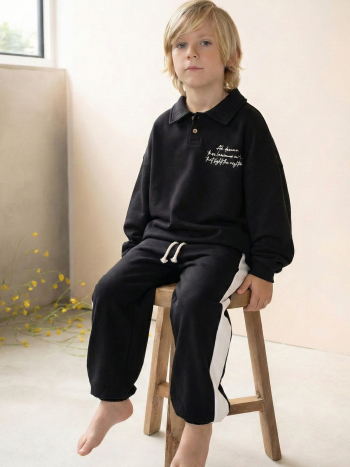Embroidered Collar Sweatshirt Set for Ages 2-10 in Black