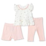 Bebetto Girl's Bloom Print Blouse-Leggings Set with Snap Buttons, Ruffled Neckline, Long Leg, Short Sleeve