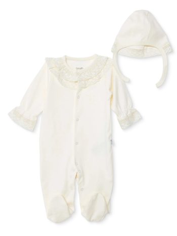 Bebetto Girl's Romper-Hat Set, Snap Closure, Ceremony Theme, Ruffled Collar, Long Sleeves