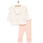 Newborn Girl Baby 3-Piece Sweatshirt-Cardigan-Bottom Set Interlock Cute Duck Scoop Neck Long Sleeve Salmon