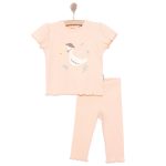 HelloBaby Newborn Girl 2-Piece Set - T-Shirt & Footless Bottoms, Interlock Cute Duck Scoop Neck Short Sleeve Salmon
