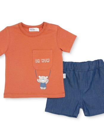 Bebetto, Erkek, Tshirt-Şort, Ayı Baskılı, Düğmeli, Hello, Bisiklet Yaka, Kısa Paça, Kısa Kol