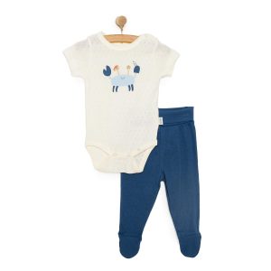 Newborn Baby Boy 2-Piece Set with Bodysuit and Footed Pants - Navy Blue Interlock Ship Boy Crew Neck Short Sleeve