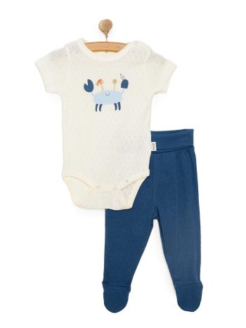 Newborn Baby Boy 2-Piece Set with Bodysuit and Footed Pants - Navy Blue Interlock Ship Boy Crew Neck Short Sleeve