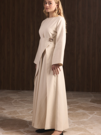 Zoye Front Brooch Cupra Dress - Beige