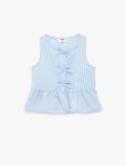 Sleeveless Bow-Detailed Ruffle Striped Blouse with Boat Neck