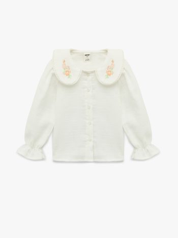 Girl's Embroidered Floral Button-Down Long-Sleeve Cotton Baby Collar Shirt
