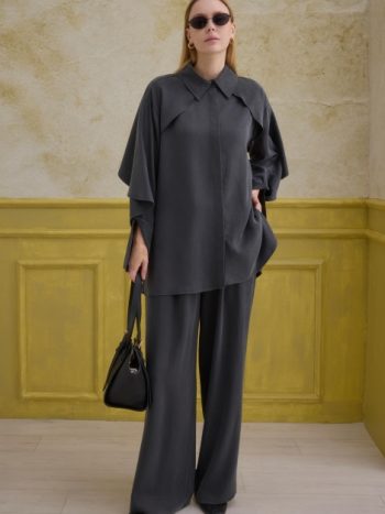 Antrasit Renkli Kopçalı Detaylı Tencel Takım