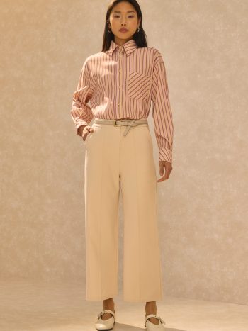 Pintuck Detaylı Bej Midi Pantolon