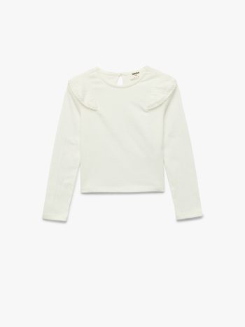 Girls' Cotton Long-Sleeve Round Neck Ruffle Blouse