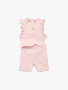 Girl's 2-Piece Ruffle Detail Embroidered Cotton Legging and T-Shirt Set