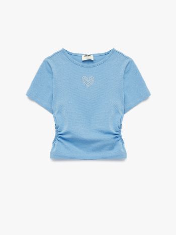 Kız Çocuk Bisiklet Yaka Slim Fit Kalpli Taşlı Büzgü Detaylı Pamuklu Kısa Kollu Crop Bluz