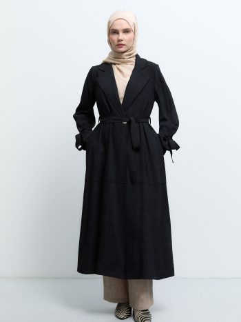 Black Trench Coat with Tied Sleeve Details