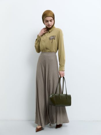 Mini Geometrik Desenli Etek - Olive