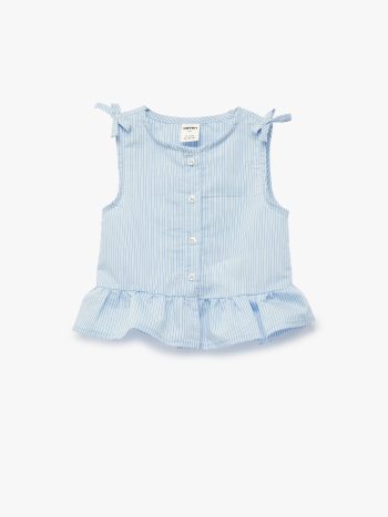 Girl's Cotton Sleeveless Boat Neck Striped Blouse with Bow Detail