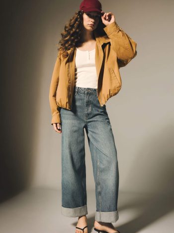 Baggy Fit High Waist Flared Hem Washed Jean Trousers