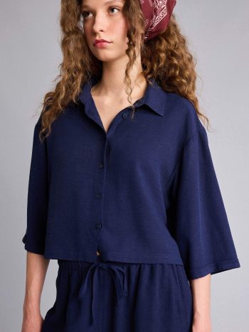 Oversized Collar Shirt Blend Linen Short Sleeve Shirt