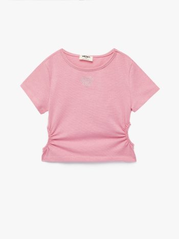 Kız Çocuk Bisiklet Yaka Slim Fit Kalpli Taşlı Büzgü Detaylı Pamuklu Kısa Kollu Crop Bluz