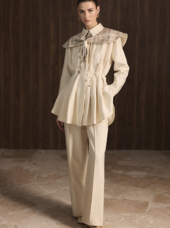 Stone-Colored Plaid Set with Belted Wide Collar and Pleats- 38 Taş (Outlet: New)