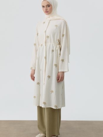 Beige Floral Print Tunic with Waist Tie Detail