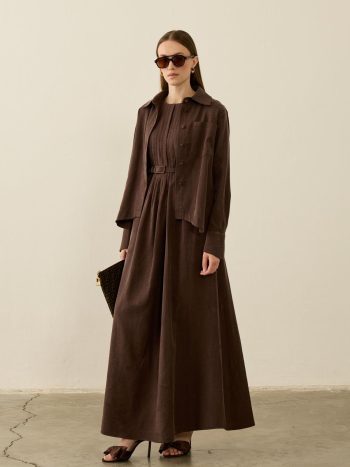 Bella Pileli Asymmetric Cut Lyocell Lining Dress Set in BROWN
