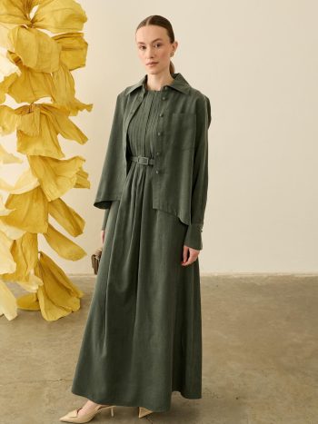 Bella Pileli Asymmetric Cut Lyocell Slip Dress Set in Khaki