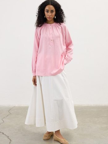 Pink Linen Blouse with Gather Details