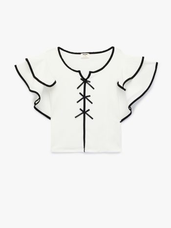 Short Sleeve V-Neck Blouse with Bow Detail