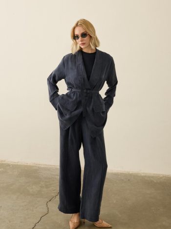 Celine Navy Blue Set with Jacket and Flared Detail Pants