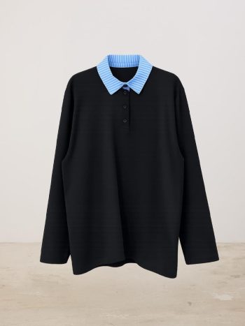 Çizgili Polo Yaka Sweatshirt Siyah