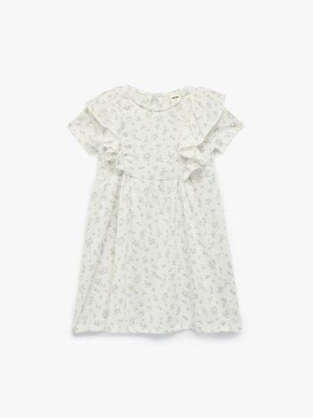Short Sleeve Floral Dress with Ruffle Details and Boat Neck