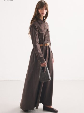 Bitter Coffee Belted Dress with Denim Look