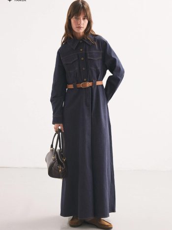 Navy Blue Belted Dress with Denim Look
