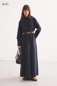 Denim Görünümlü Kemerli Lacivert Elbise