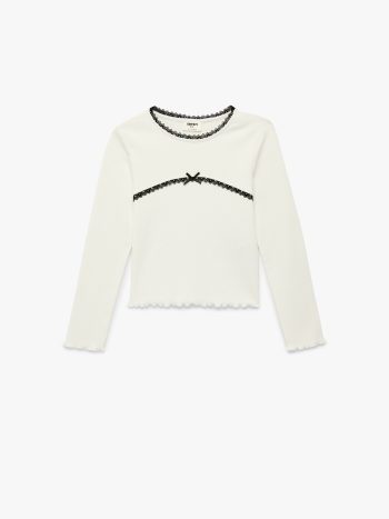 Kız Çocuk Uzun Kollu Dantel ve Fiyonk Detaylı Bisiklet Yaka Pamuklu Tişört