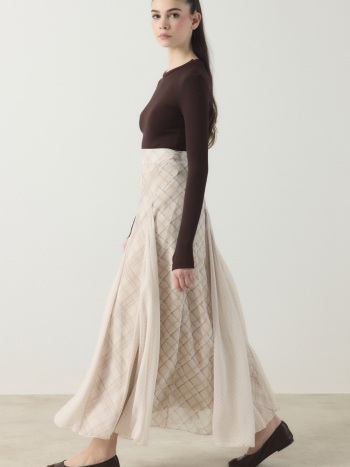 Plaid Chiffon Print Skirt - Stone